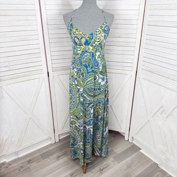 Ann Taylor Loft Paisley Cross Strap Maxi Dress Sundress Blue Green Size 6 - Picture 1 of 13